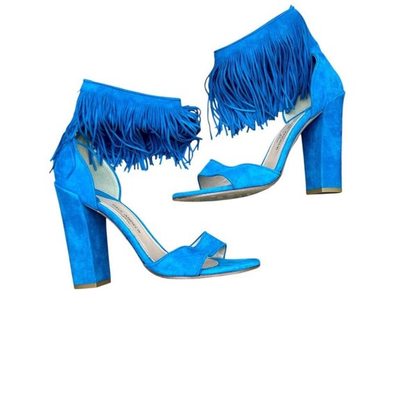 Paul Andrew For J. Crew Blue Suede Fringe Ankle Block Heels Shoes Size 7.5
